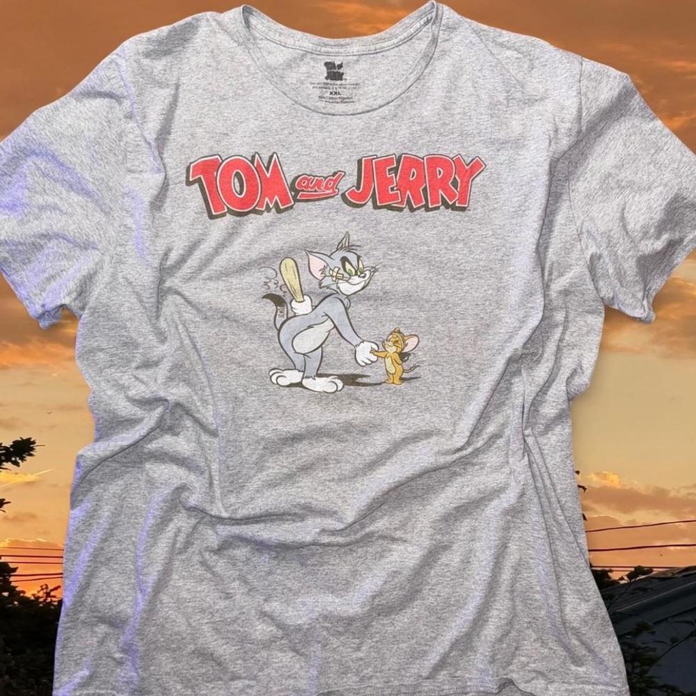 Tom & Jerry Cartoon Graphic T-Shirt Grey Cotton Blend Mens Size Large Top